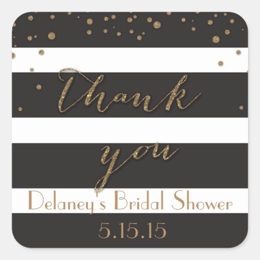 黒と金ゴールドのグリッターブライダルシャワーラベル スクエアシール (正面)