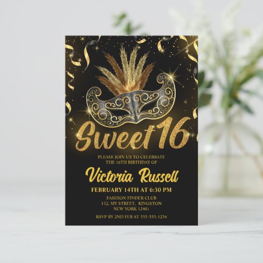 黒と金ゴールドのグリッター仮装マスクスウィート16 招待状 (スタンド正面)
