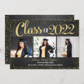 黒と金ゴールドのグリッター写真の卒業試験 招待状 (正面/裏面)