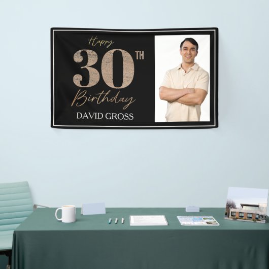 黒と金ゴールドのグリッター写真30th誕生日 横断幕 (トレードショー)