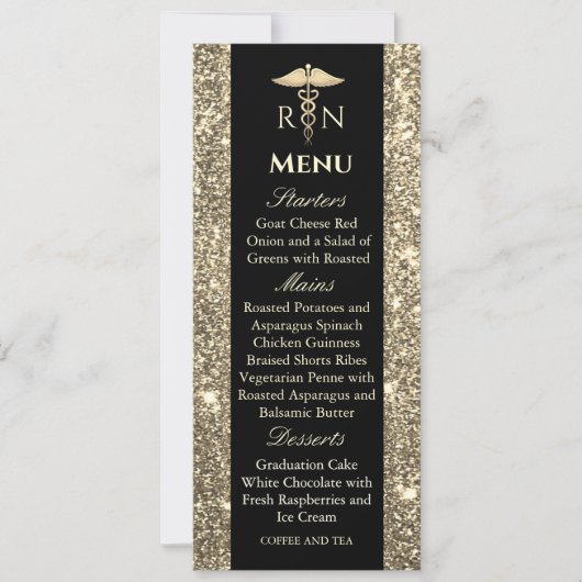 黒と金ゴールドのグリッター医学卒業メニュー 招待状 (正面)