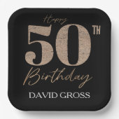 黒と金ゴールドのグリッター数字50誕生日 ペーパープレート (正面)