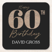黒と金ゴールドのグリッター数字60誕生日 スクエアペーパーコースター (正面)