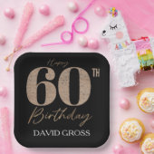 黒と金ゴールドのグリッター数字60誕生日 ペーパープレート (パーティー)