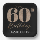 黒と金ゴールドのグリッター数字60誕生日 ペーパープレート (正面)