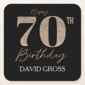 黒と金ゴールドのグリッター数字70誕生日 スクエアペーパーコースター (正面)