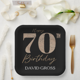 黒と金ゴールドのグリッター数字70誕生日 ペーパープレート