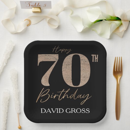 黒と金ゴールドのグリッター数字70誕生日 ペーパープレート (ウェディング)
