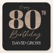 黒と金ゴールドのグリッター数字80誕生日 スクエアペーパーコースター (正面)