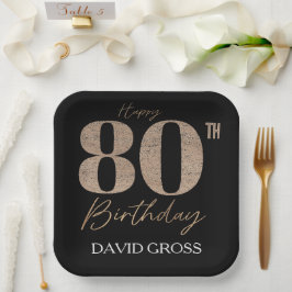 黒と金ゴールドのグリッター数字80誕生日 ペーパープレート