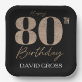 黒と金ゴールドのグリッター数字80誕生日 ペーパープレート (正面)