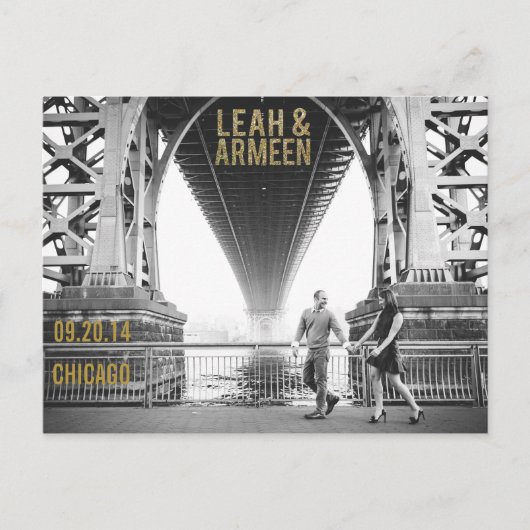 黒と金ゴールドのグリッター日付の保存タイポグラフィ 案内ポストカード (正面)