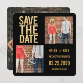 黒と金ゴールドのグリッター日付の写真カードを保存 招待状 (正面/裏面)