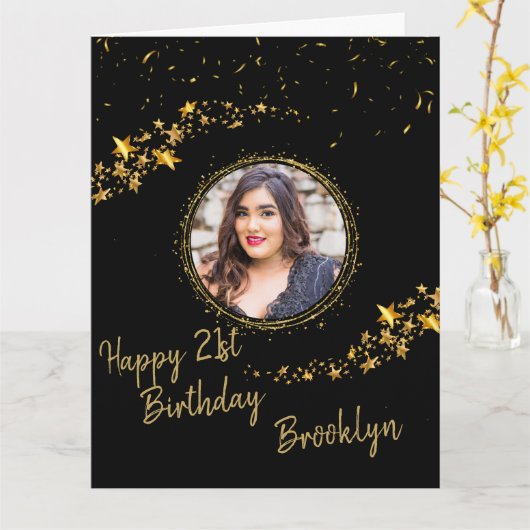 黒と金ゴールドのグリッター紙吹雪の誕生日 カード (黄色い花)