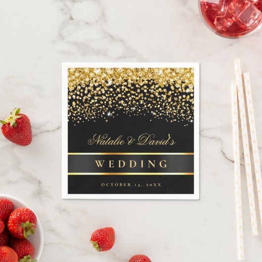 黒と金ゴールドのグリッター結婚の スタンダードカクテルナプキン (インサイチュ)