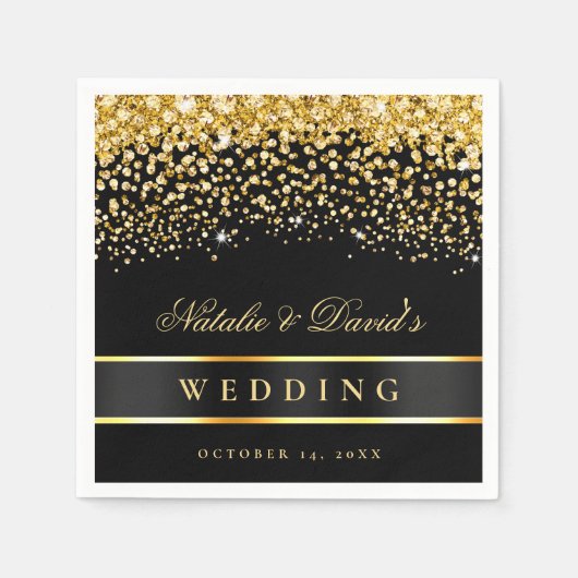 黒と金ゴールドのグリッター結婚の スタンダードカクテルナプキン (正面)