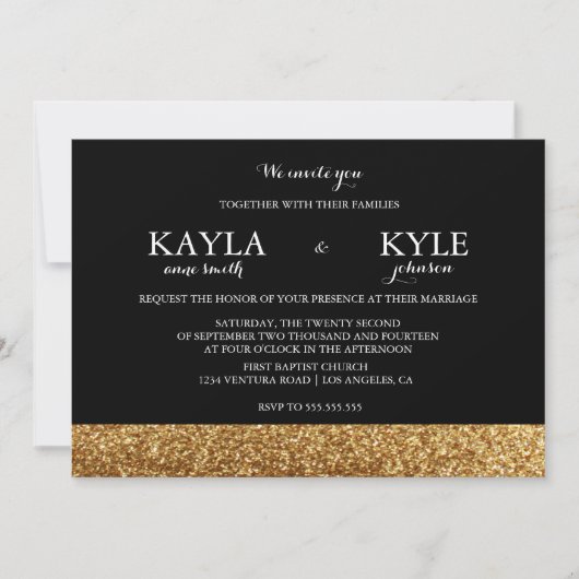 黒と金ゴールドのグリッター結婚式招待状 招待状 (正面)