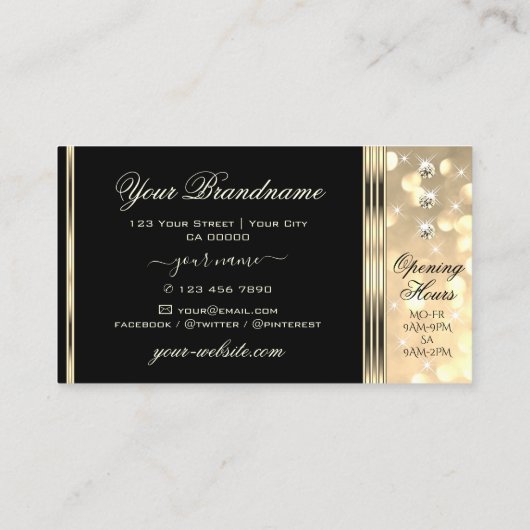 黒と金ゴールドのグリッター輝く星とダイヤモンド 名刺 (裏面)