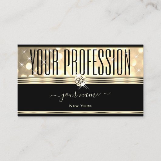 黒と金ゴールドのグリッター輝く星とダイヤモンド 名刺 (正面)