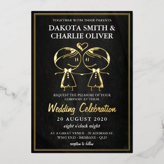 黒と金ゴールドのゲイ結婚の 箔招待状 (正面)