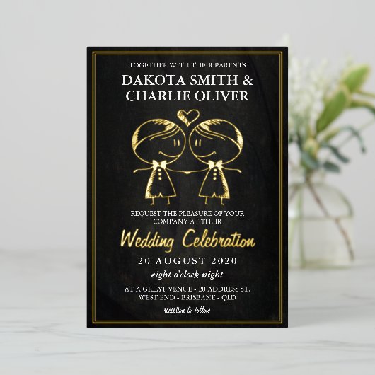 黒と金ゴールドのゲイ結婚の 箔招待状 (立ち正面)