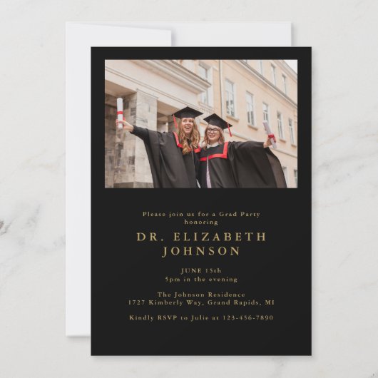 黒と金ゴールドのコラージュPhD卒業パーティー 招待状 (裏面)