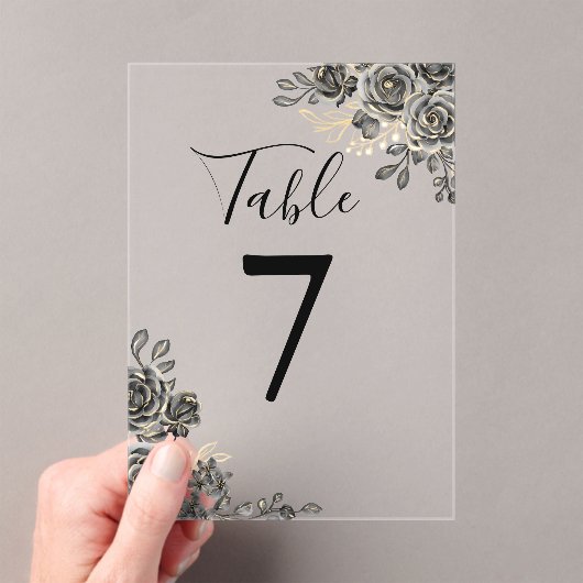 黒と金ゴールドのゴシックフローラ表の番号 アクリル招待状 (インサイチュ (ポータブル))