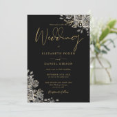 黒と金ゴールドのゴシックフローラQRコード結婚s 招待状 (スタンド正面)