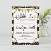 黒と金ゴールドのサプライズバースデーパーティ招待状 招待状 (スタンド正面)