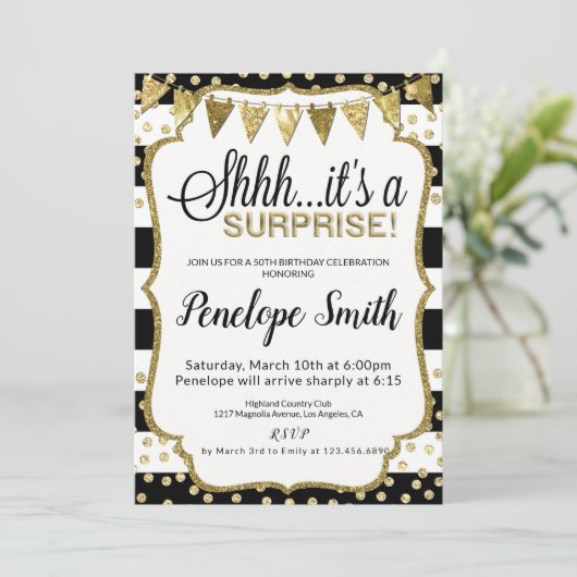 黒と金ゴールドのサプライズバースデーパーティ招待状 招待状 (スタンド正面)