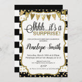 黒と金ゴールドのサプライズバースデーパーティ招待状 招待状 (正面/裏面)