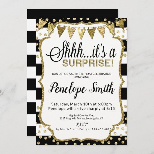 黒と金ゴールドのサプライズバースデーパーティ招待状 招待状 (正面/裏面)