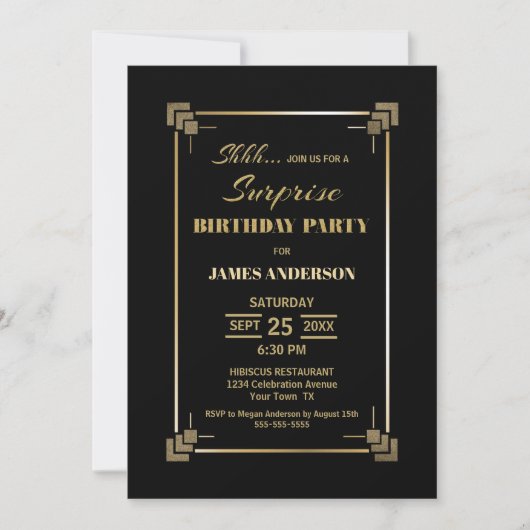 黒と金ゴールドのサプライズ誕生日パーティーの招待状 招待状 (正面)