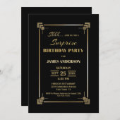 黒と金ゴールドのサプライズ誕生日パーティーの招待状 招待状 (正面/裏面)