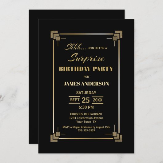黒と金ゴールドのサプライズ誕生日パーティーの招待状 招待状 (正面/裏面)