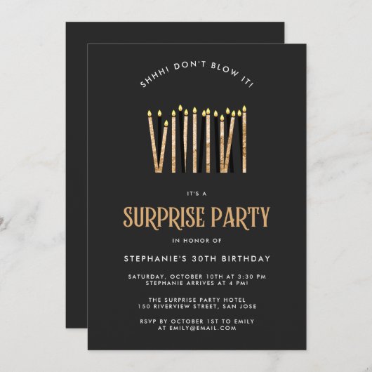 黒と金ゴールドのサプライズ誕生日パーティーの招待状 招待状 (正面/裏面)