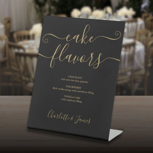 黒と金ゴールドのシグネチャースクリプトケーキの味 台座サイン