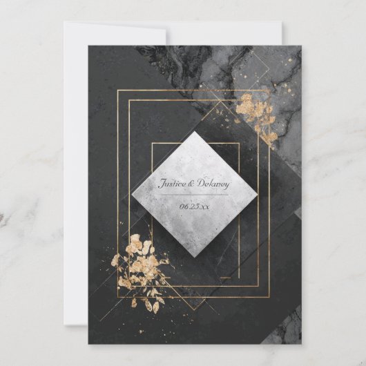 黒と金ゴールドのジオメトリック結婚大理石 招待状 (正面)
