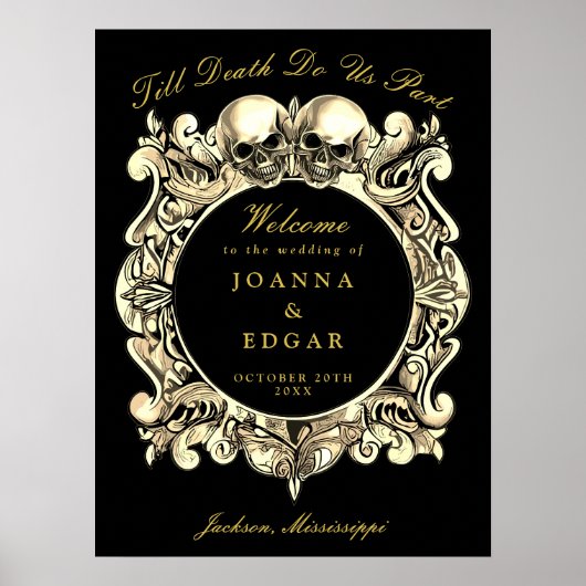 黒と金ゴールドのスカル結婚ゴシックの歓迎サイン ポスター (正面)