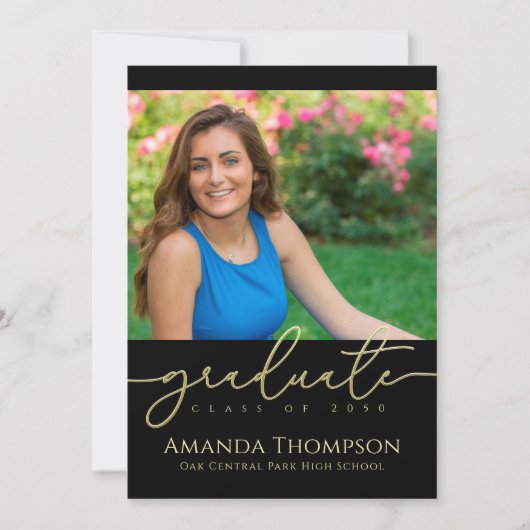 黒と金ゴールドのスクリプトの卒業写真 招待状 (正面)