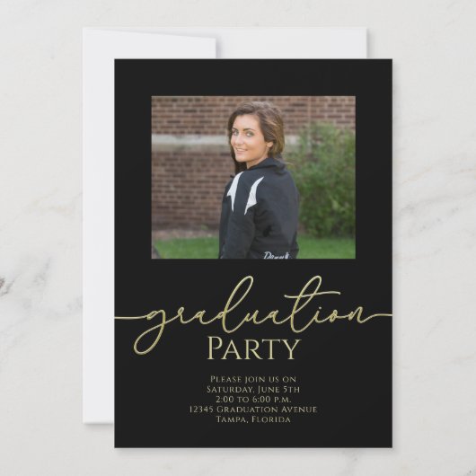 黒と金ゴールドのスクリプトの卒業写真 招待状 (裏面)
