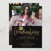 黒と金ゴールドのスクリプト卒業パーティー2写真 招待状 (正面/裏面)