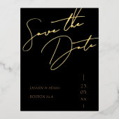 黒と金ゴールドのスクリプト結婚式の日付金ゴールドの保存 箔招待状ポストカード (正面)