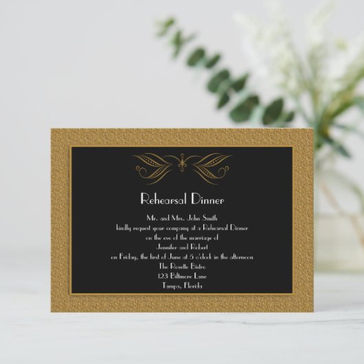 黒と金ゴールドのスクロールアクセントリハー結婚サルディナー 招待状 (スタンド正面)