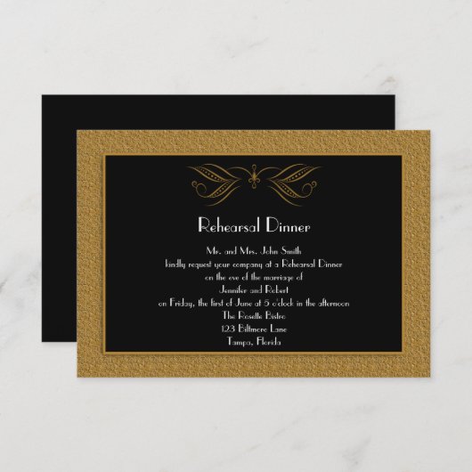 黒と金ゴールドのスクロールアクセントリハー結婚サルディナー 招待状 (正面/裏面)