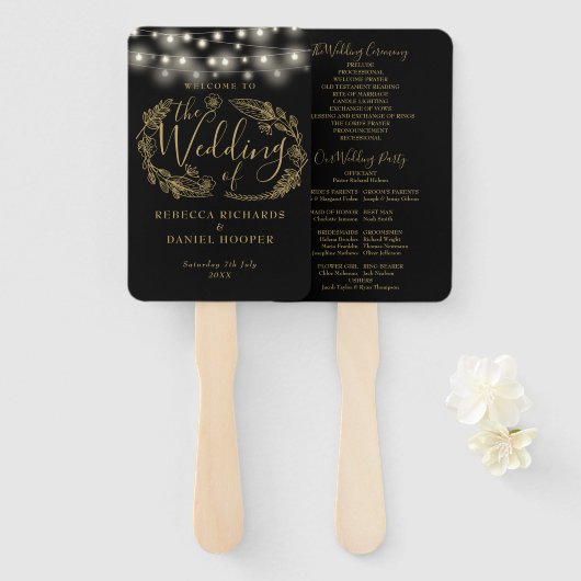 黒と金ゴールドのストリングライト結婚式 プログラム ハンドファン (正面&裏面)