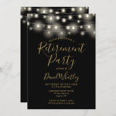 黒と金ゴールドのストリングライト退職パーティー 招待状 (正面/裏面)