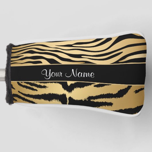 黒と金ゴールドのタイガーストライプの模様 ゴルフヘッドカバー (正面)