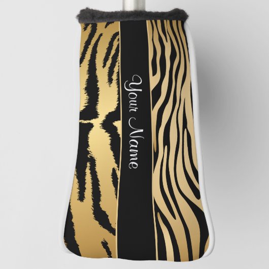 黒と金ゴールドのタイガーストライプの模様 ゴルフヘッドカバー (回転90)