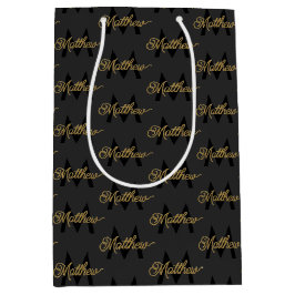 黒と金ゴールドのタイポグラフィ名前の追加&モノグラムメンズ ミディアムペーパーバッグ